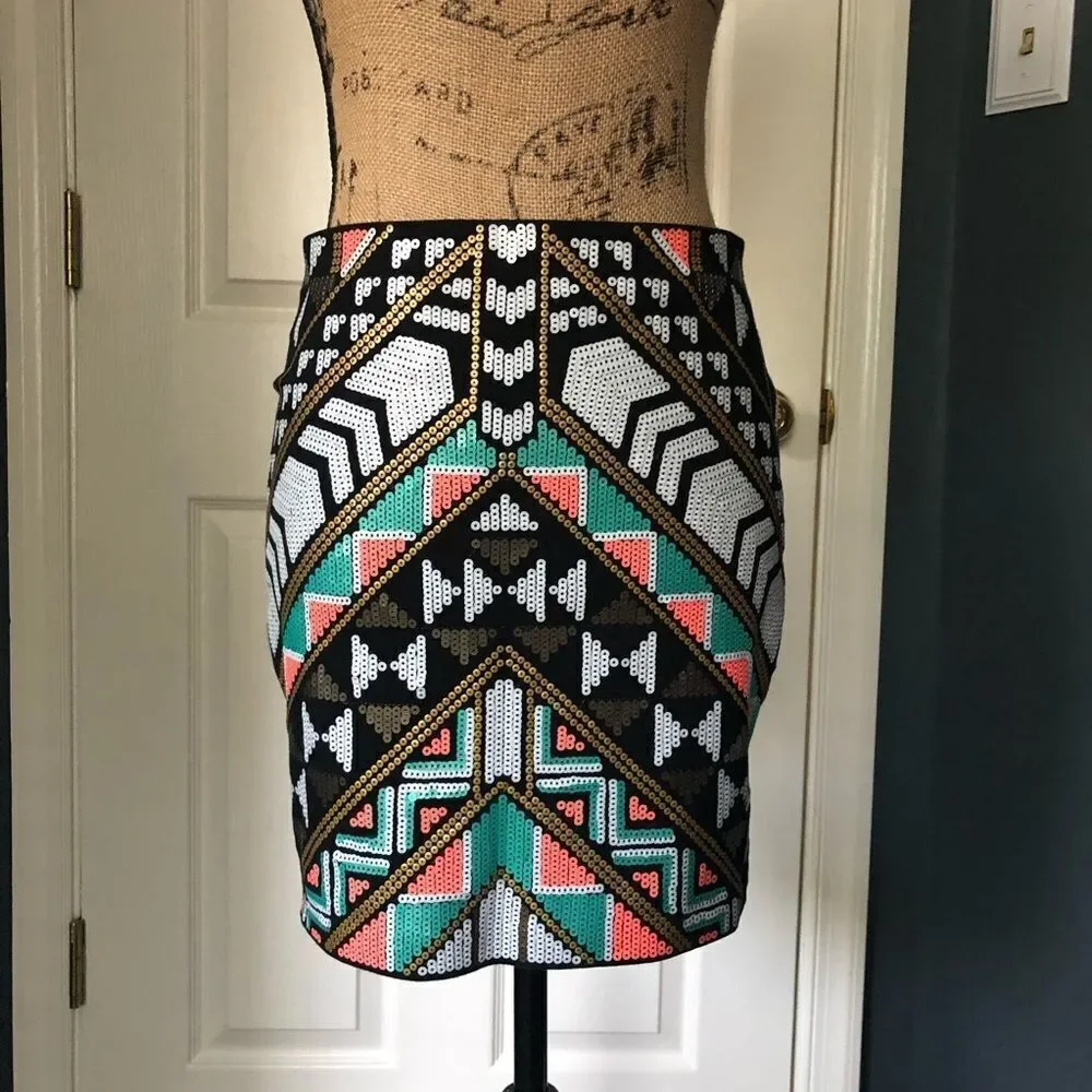 Express multi color tribal pattern sequined mini skirt